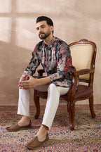 Black Silk Blend Printed Mandarin Collar Straight Kurta With Trouser MKSET1977