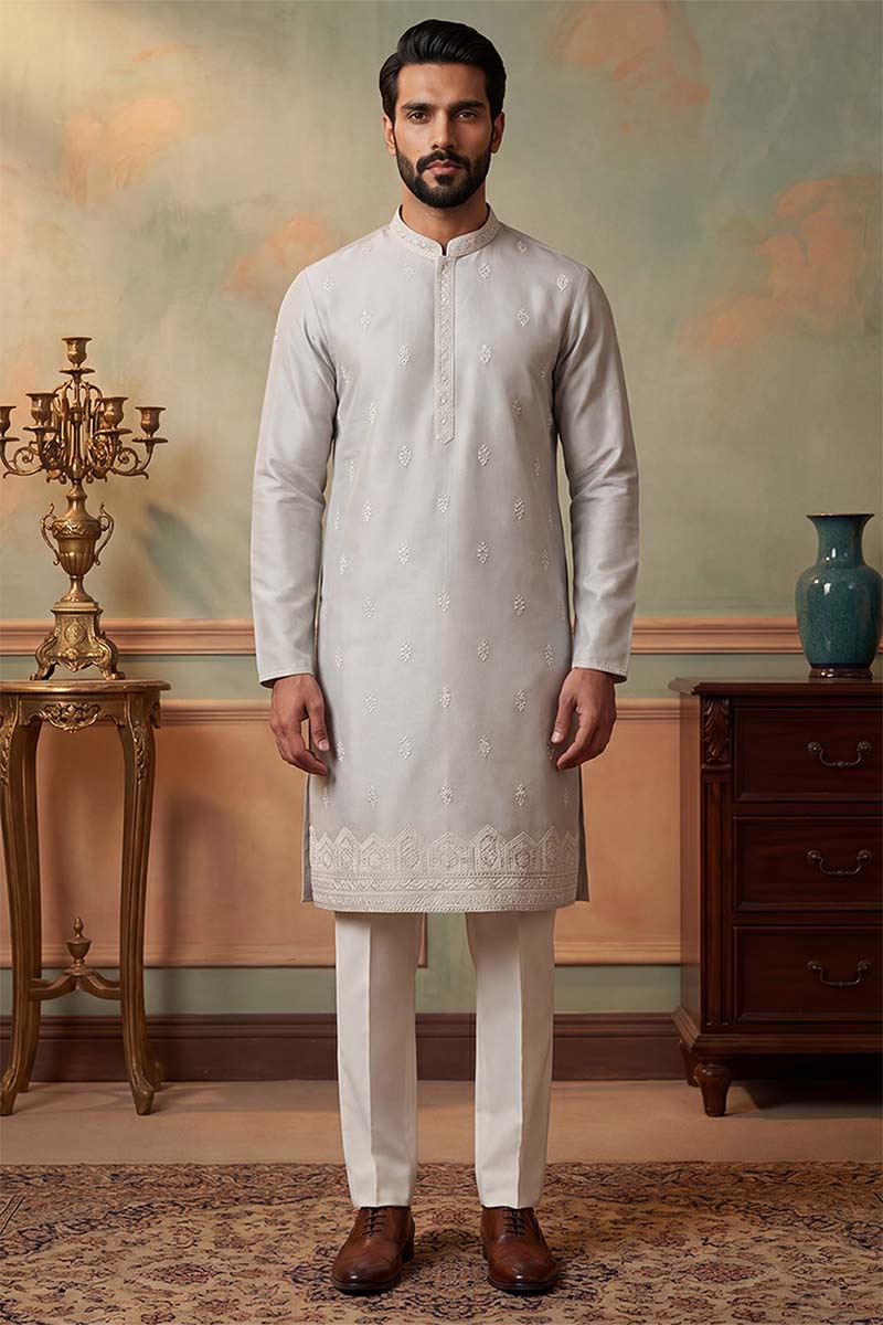 Silk Blend Silver Solid Embroidered Calf Length Straight Kurta MKU2273