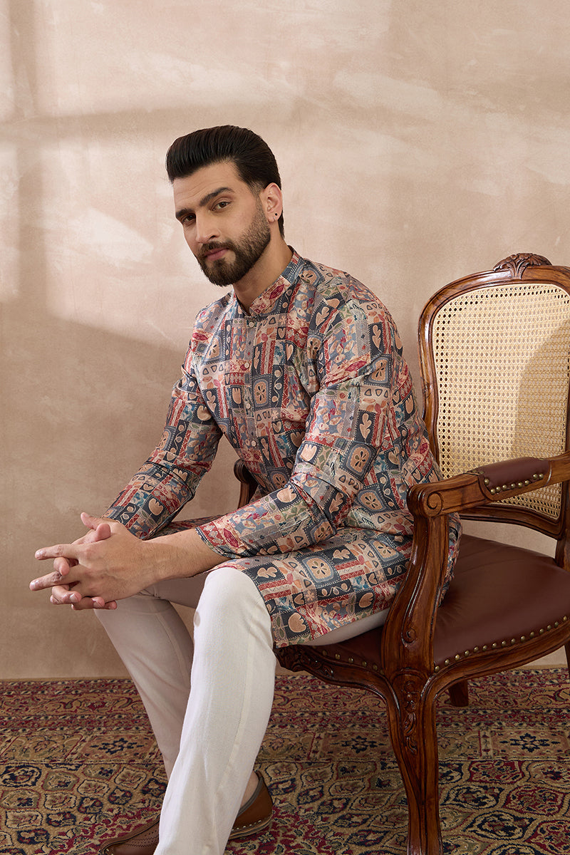 Multi Silk Blend Printed Mandarin Collar Straight Kurta With Trouser MKSET2001