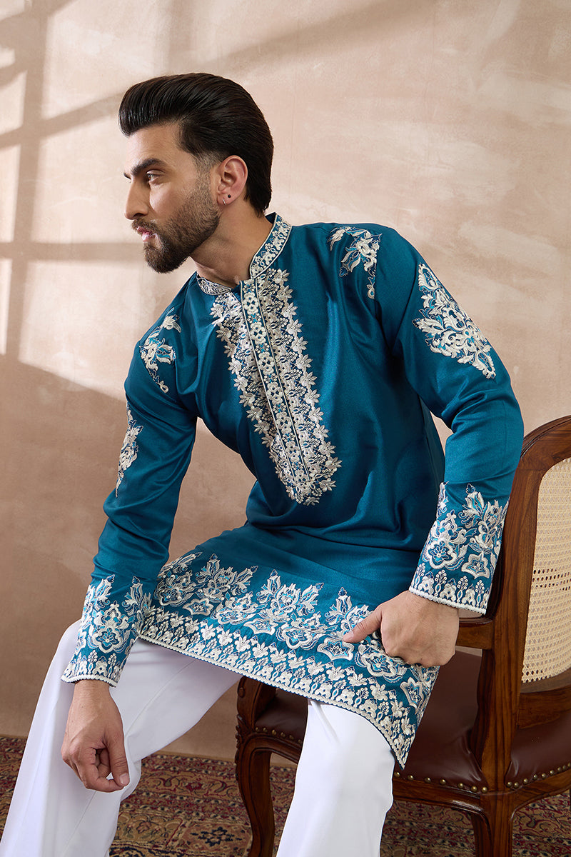 Blue Silk Blend Embroidered Mandarin Collar Straight Kurta MKU2017