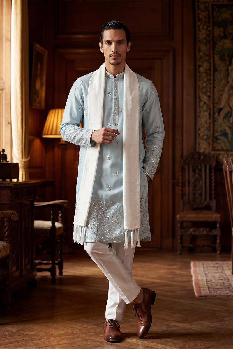 Blue Silk Blend Solid Embroidered Straight Kurta Sets MKPD1785