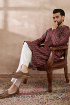 Maroon Silk Blend Printed Mandarin Collar Straight Kurta With Trouser MKSET2025