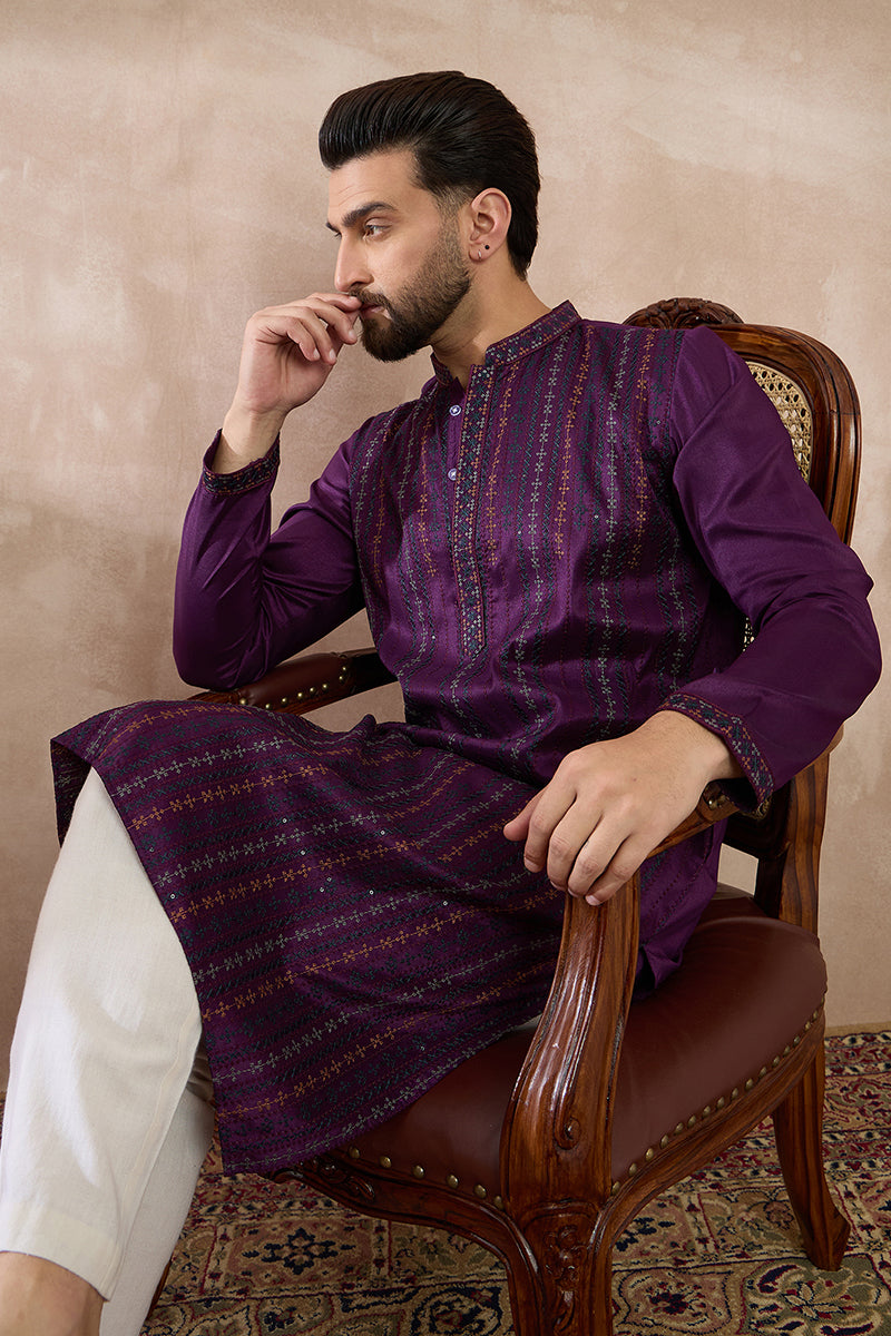 Purple Silk Blend Embroidered Mandarin Collar Straight Kurta MKU2038