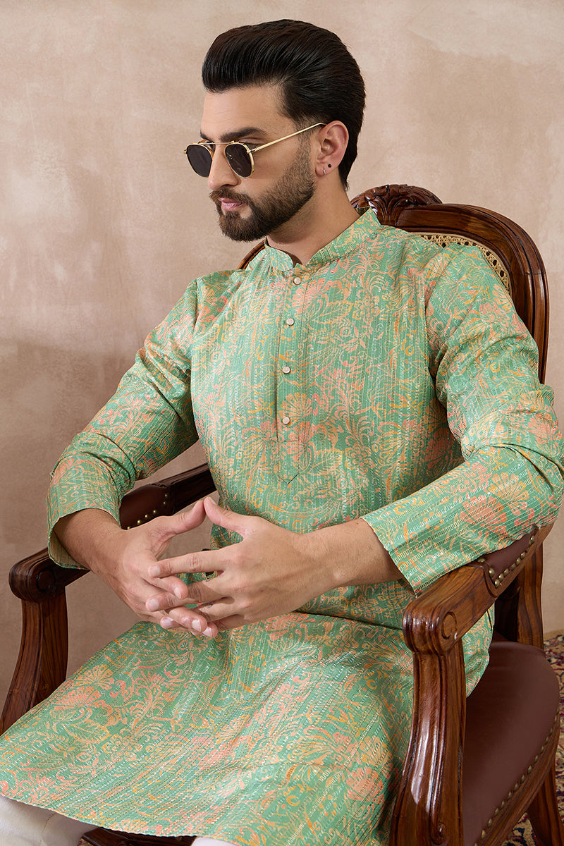 Green Silk Blend Printed Mandarin Collar Straight Kurta With Trouser MKSET2113