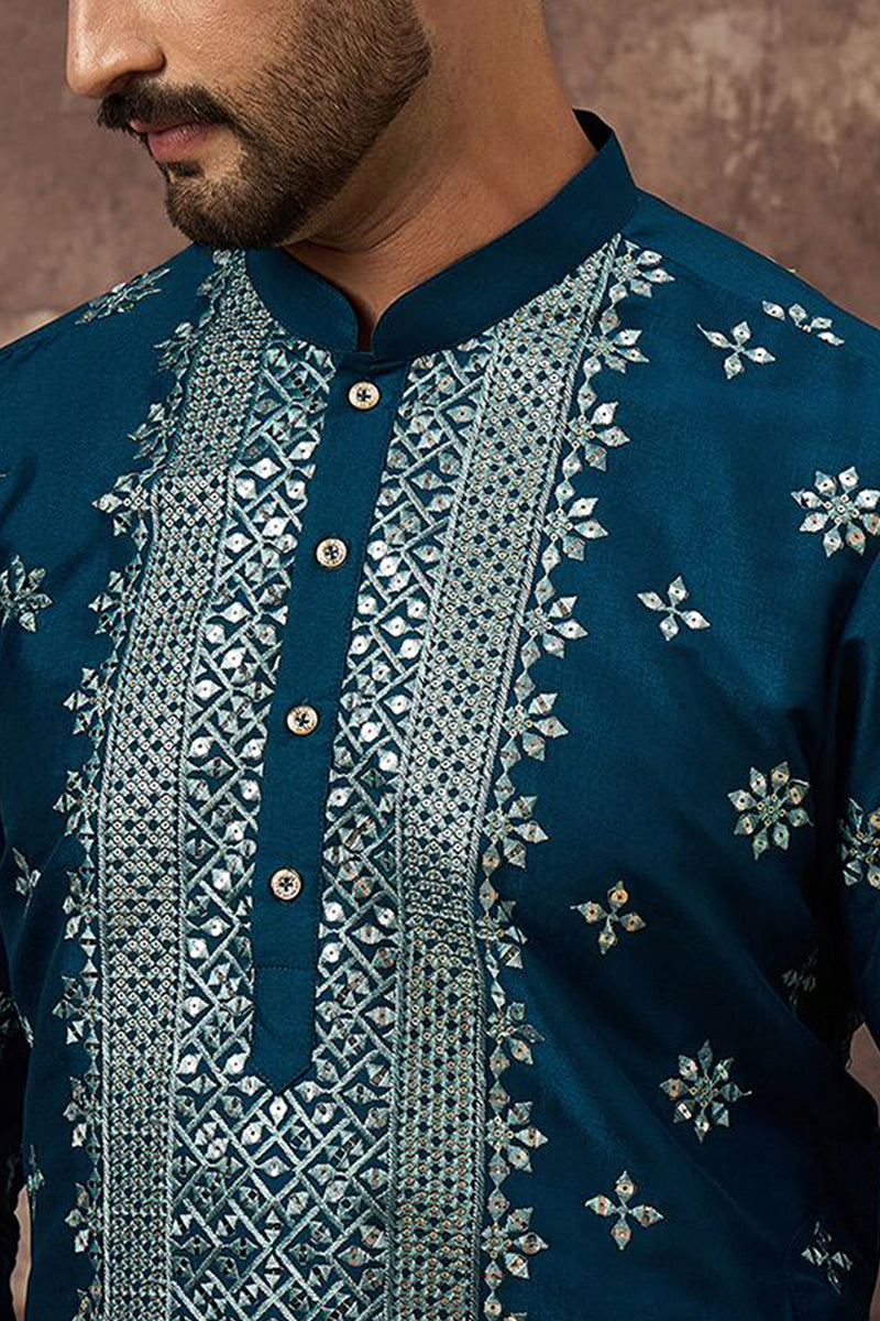 Blue Silk Blend Embroidered Indian Wear for Men MKU1371 | DesiQlo