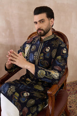 Navy Blue Silk Blend Printed Mandarin Collar Straight Kurta MKU1961