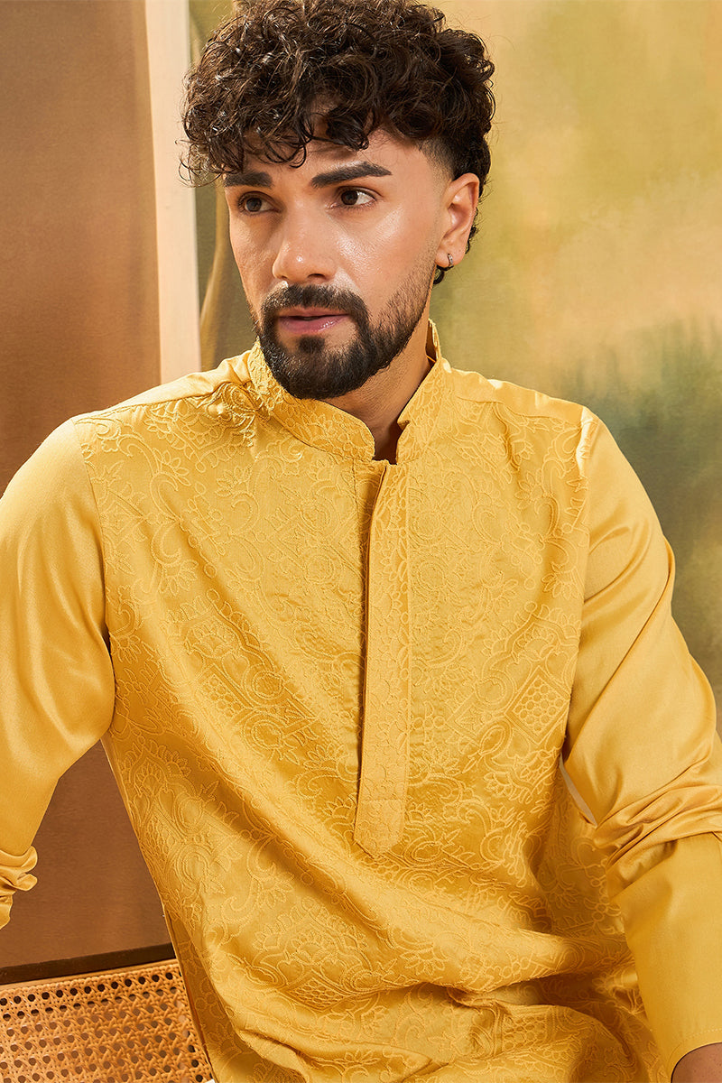 Yellow Silk Blend Solid Embroidered Straight Kurta MKU1498