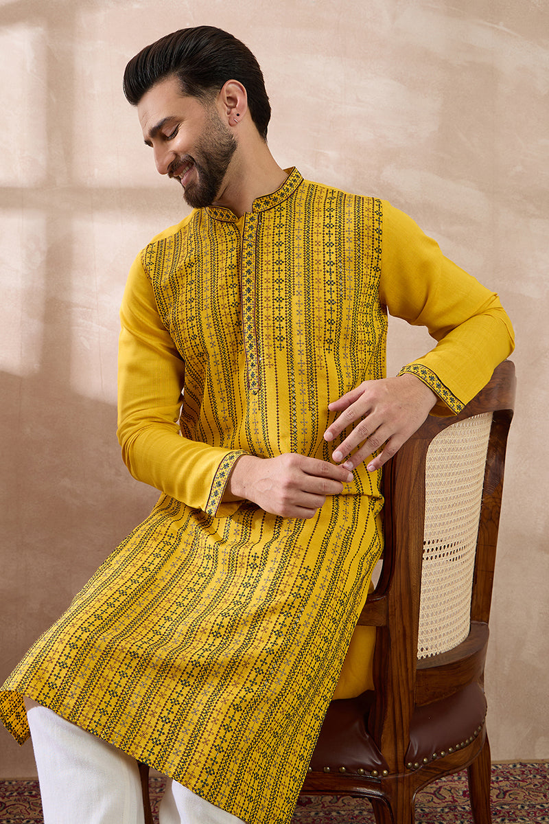Yellow Silk Blend Embroidered Indian Wear for Men MKSET2039 | DesiQlo