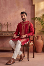 Red Silk Blend Solid Emboidered Straight Kurta MKU2314