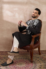Black Silk Blend Embroidered Mandarin Collar Straight Kurta MKU1884