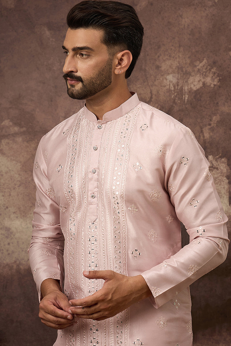 Pink Silk Blend Solid Embroidered Straight Kurta MKU1362