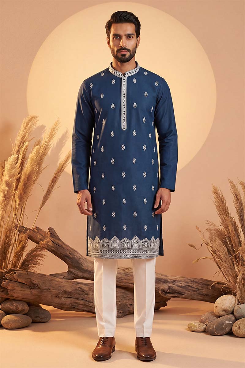 Silk Blend Blue Solid Embroidered Calf Length Straight Kurta With Trousers MKSET2274