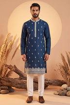 Silk Blend Blue Solid Embroidered Calf Length Straight Kurta With Trousers MKSET2274