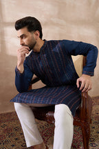 Navy Blue Silk Blend Embroidered Mandarin Collar Straight Kurta MKU2040