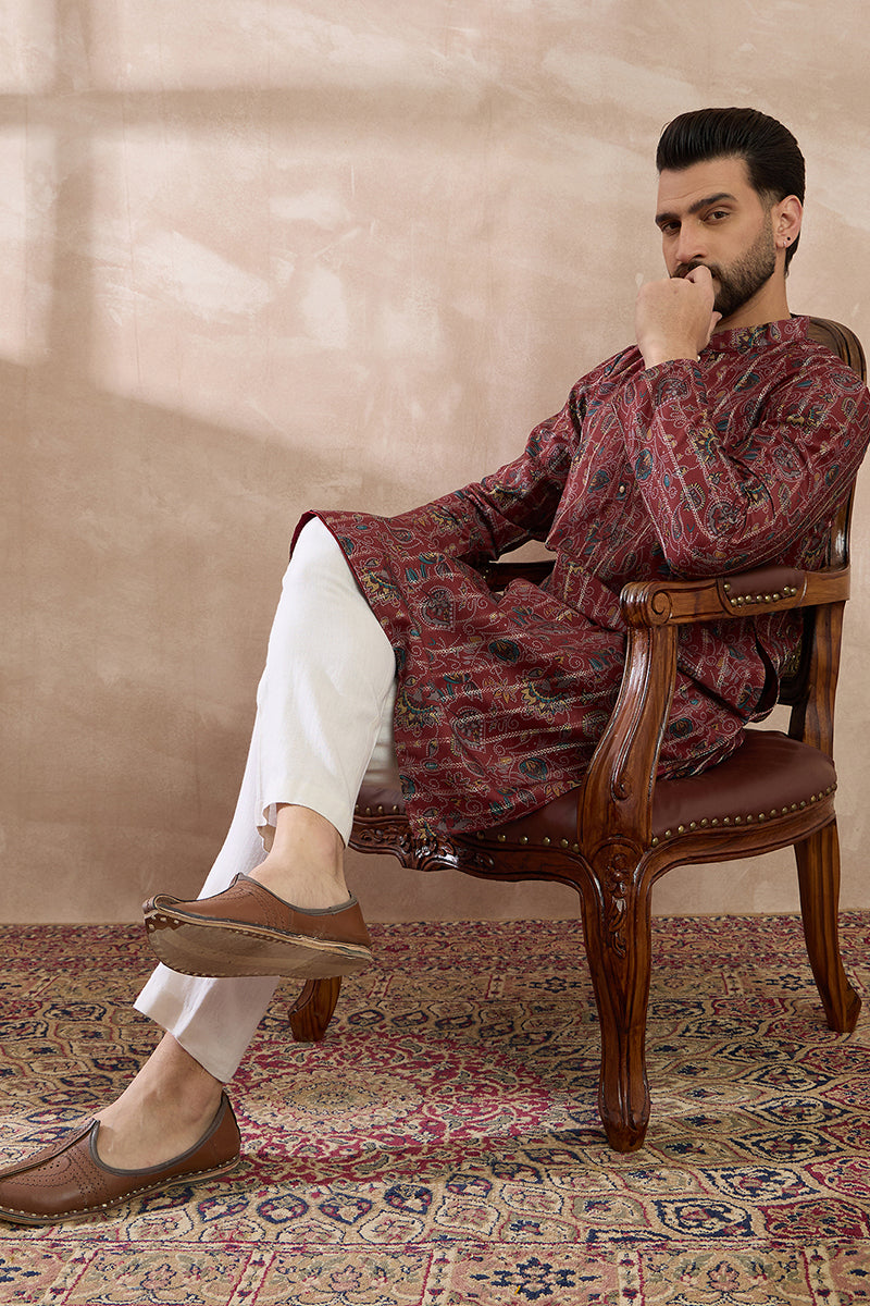 Maroon Silk Blend Printed Mandarin Collar Straight Kurta MKU2025