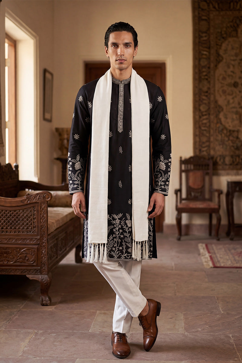 Black Silk Blend Solid Embroidered Straight Kurta Sets MKPD1782