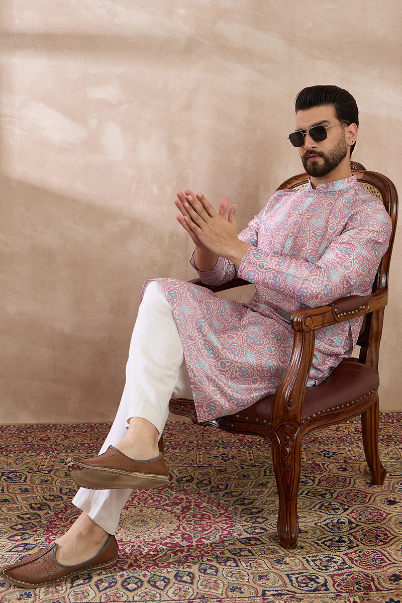 Lavender Silk Blend Printed Mandarin Collar Straight Kurta With Trouser MKSET1985