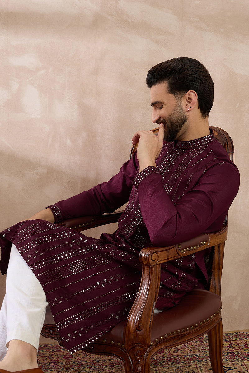 Purple Silk Blend Embroidered Indian Wear for Men MKSET1889 | DesiQlo