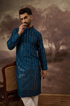 Blue Silk Blend Solid Embroidered Straight Kurta MKU1358