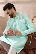 Teal Polyester Woven Design Mandarin Collar Straight Kurta With Trouser MKSET2016