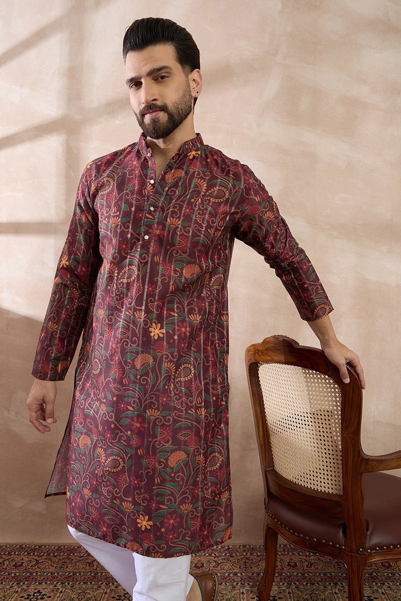 Maroon Silk Blend Printed Mandarin Collar Straight Kurta With Trouser MKSET2024