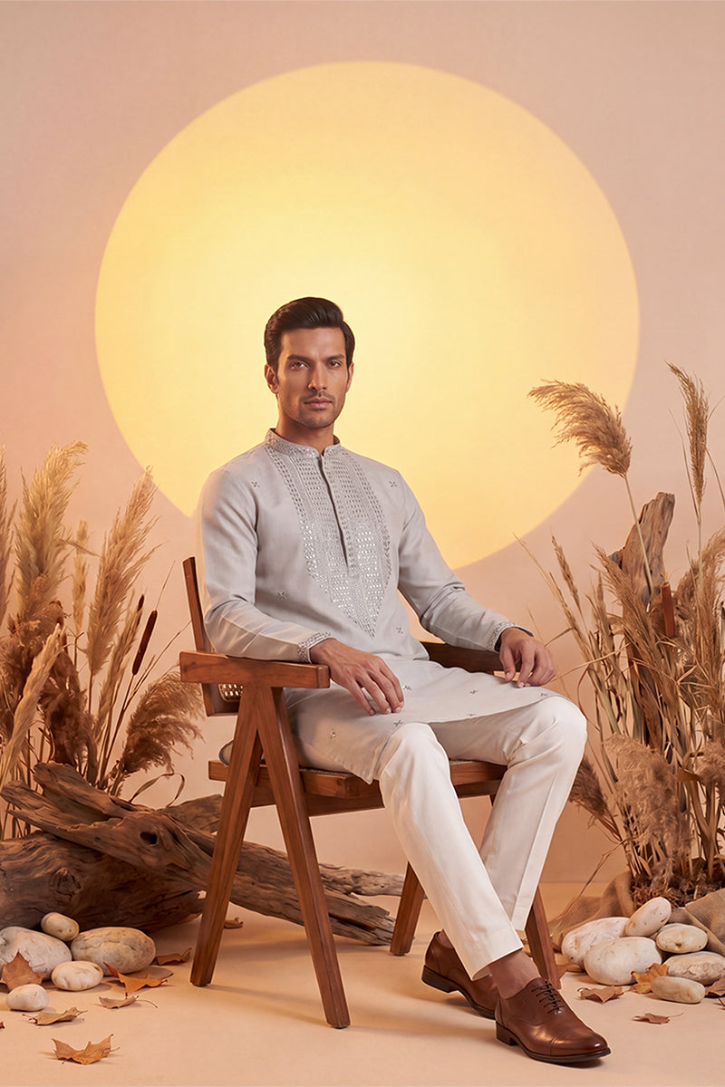 Grey Silk Blend Solid Emboidered Sequins Kurta With Trouser MKSET2280