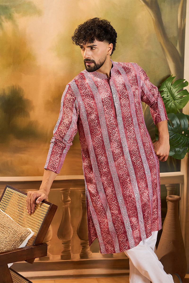 Red Viscose Rayon Batik Printed Straight Kurta MKU1482