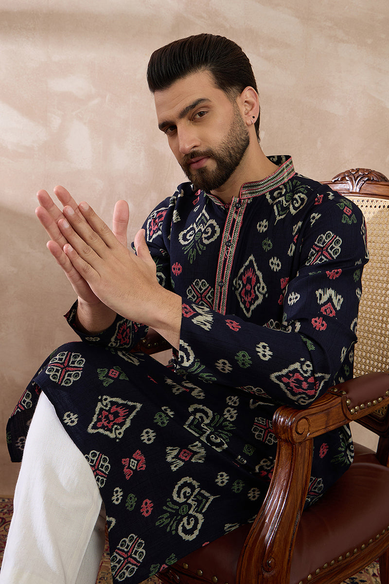 Blue Silk Blend Printed Mandarin Collar Straight Kurta MKU1987