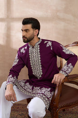 Purple Silk Blend Embroidered Mandarin Collar Straight Kurta With Trouser MKSET2018