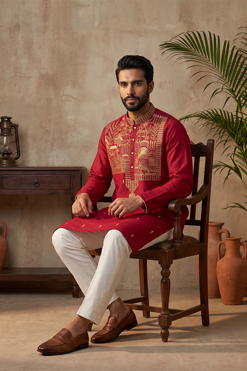 Red Silk Blend Solid Emboidered Straight Kurta MKU2375