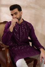Purple Silk Blend Embroidered Mandarin Collar Straight Kurta MKU2078