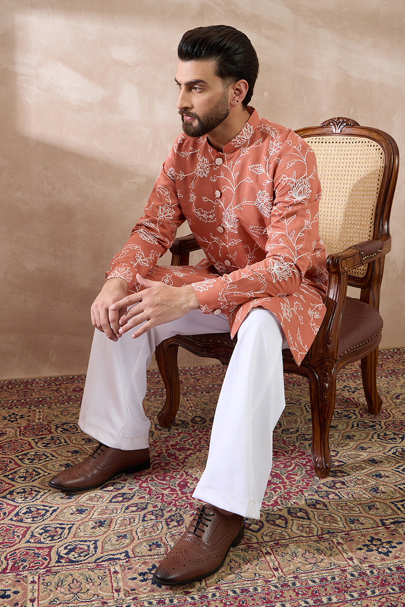 Peach Viscose Rayon Embroidered Mandarin Collar Straight Kurta With Trouser MKSET1989