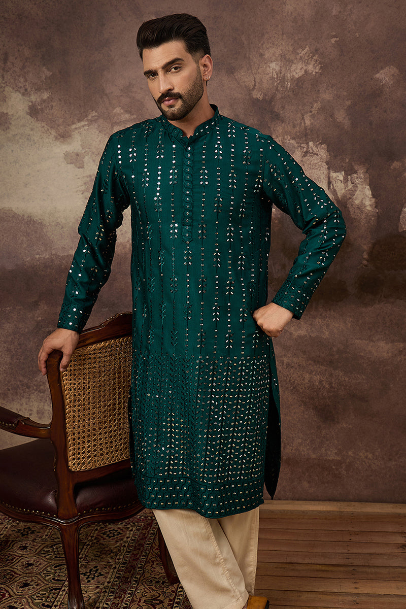 Teal Silk Solid Embroidered Straight Kurta MKU1357