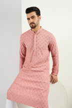 Pink Viscose Rayon Solid Embroidered Long Straight Kurta For Men MKU1060