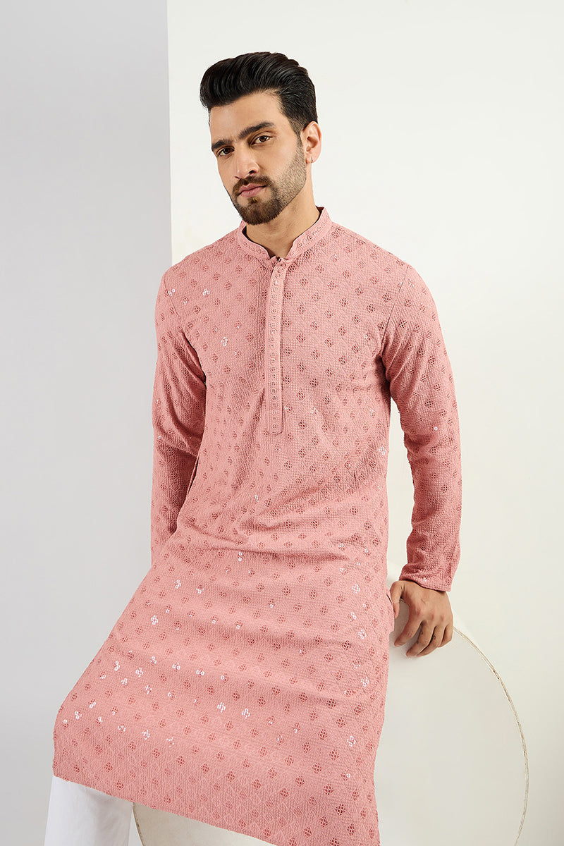 Pink Viscose Rayon Solid Embroidered Long Straight Kurta For Men MKU1060