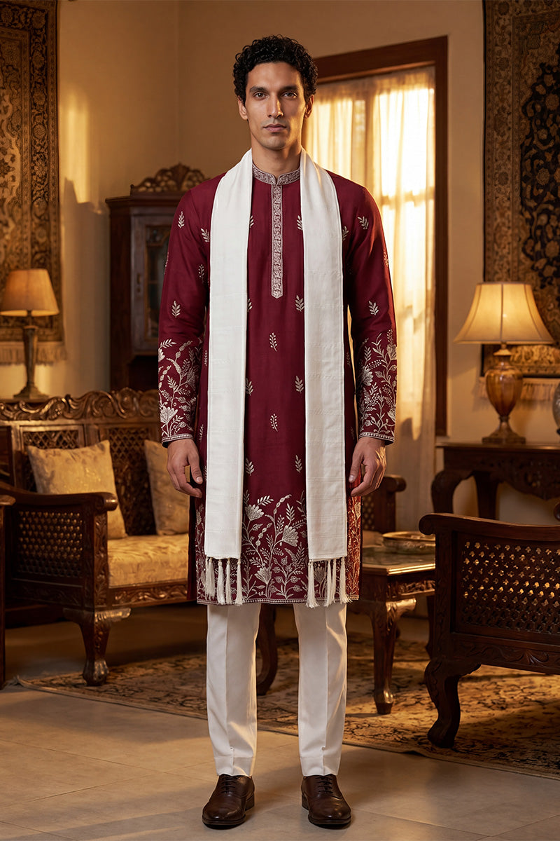 Maroon Silk Blend Solid Embroidered Straight Kurta Trouser with Dupatta MKPD1945