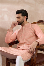 Peach Silk Blend Embroidered Mandarin Collar Straight Kurta With Trouser MKSET2045