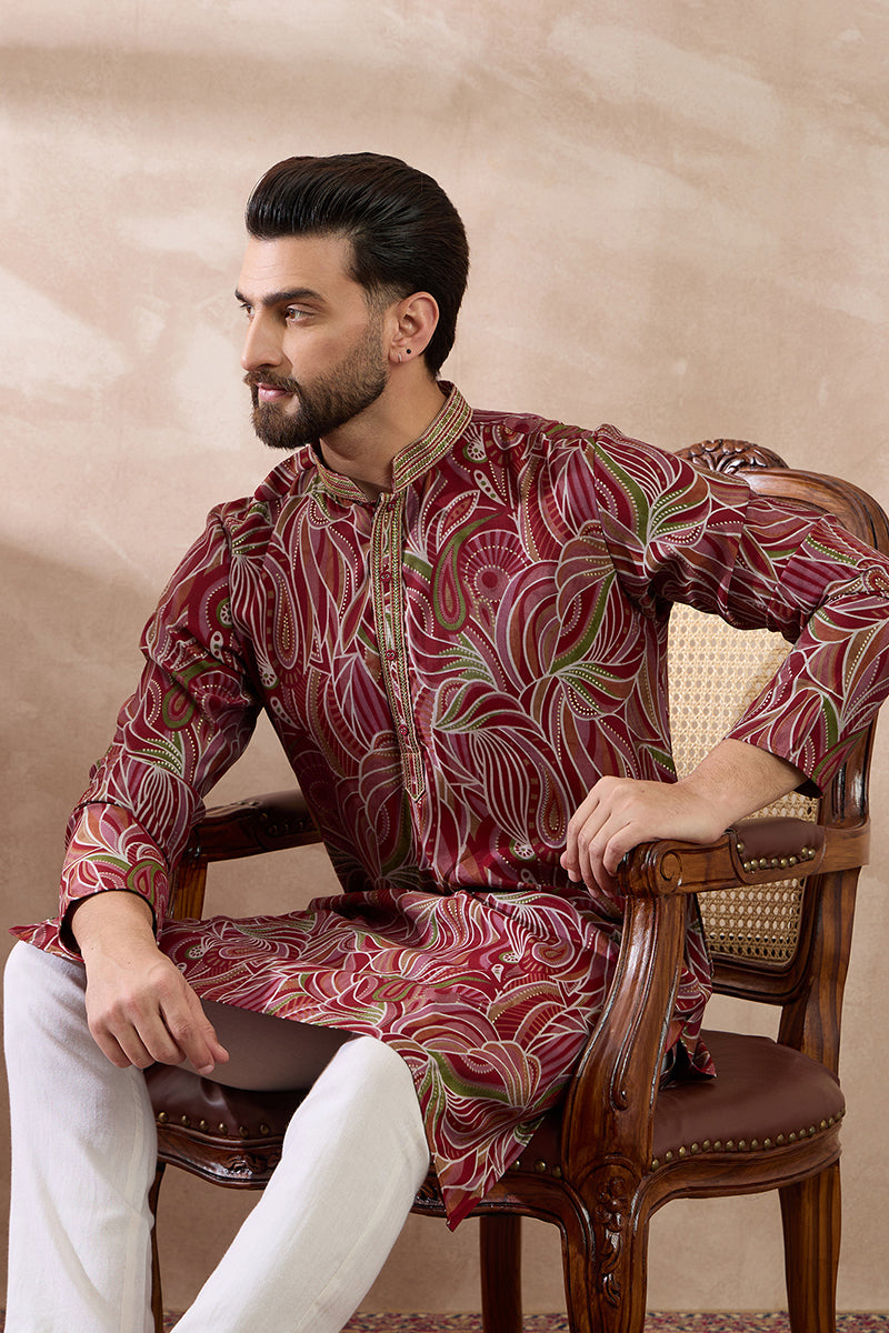 Red Silk Blend Printed Mandarin Collar Straight Kurta MKU1959