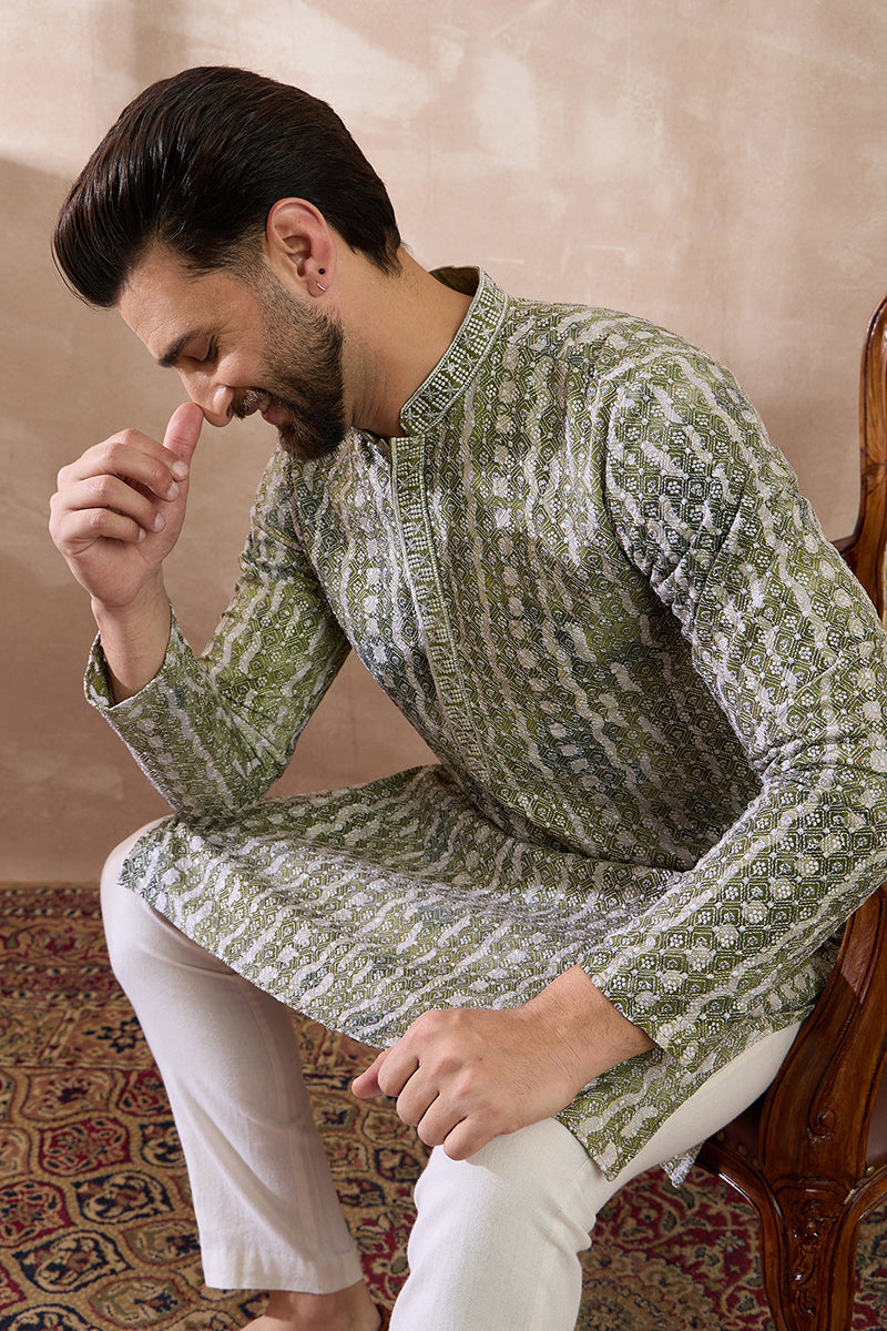 Green Silk Blend Printed Indian Wear for Men MKSET1661 | DesiQlo