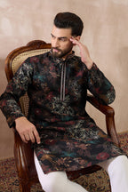 Black Silk Blend Printed Mandarin Collar Straight Kurta With Trouser MKSET1956