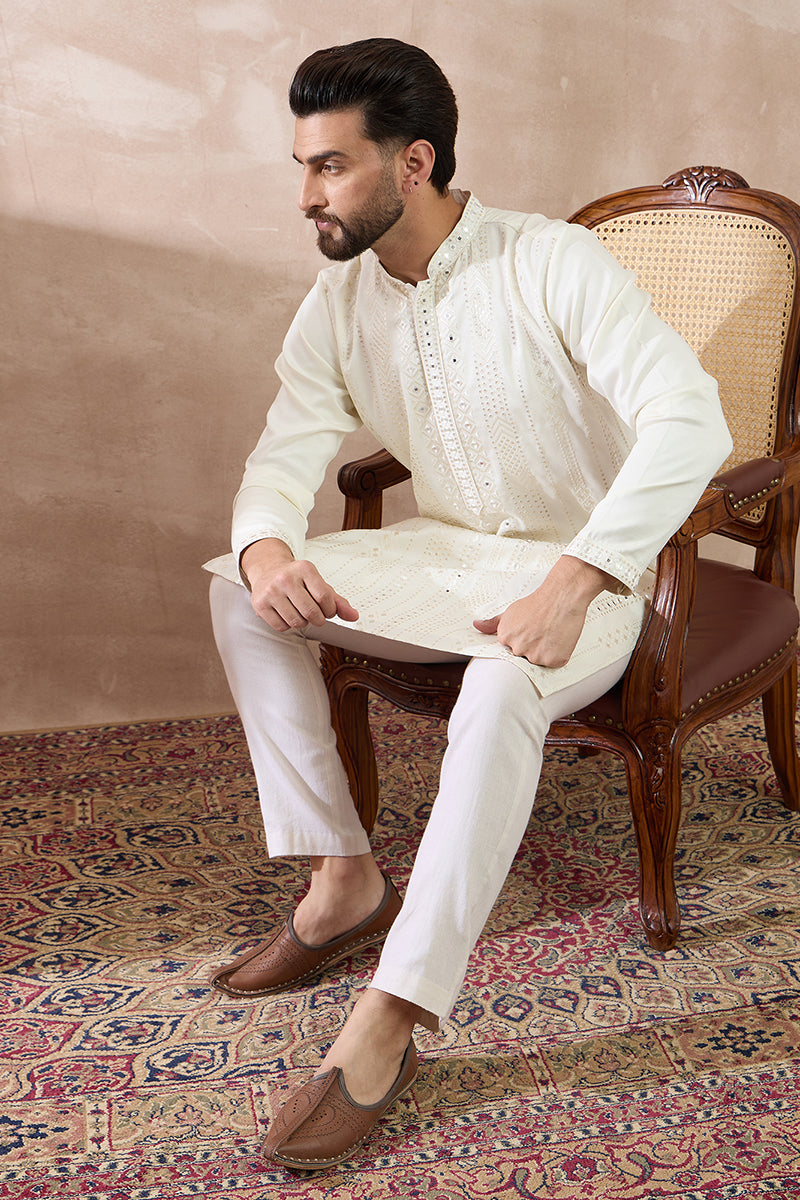 White Silk Blend Embroidered Indian Wear for Men MKSET1891 | DesiQlo