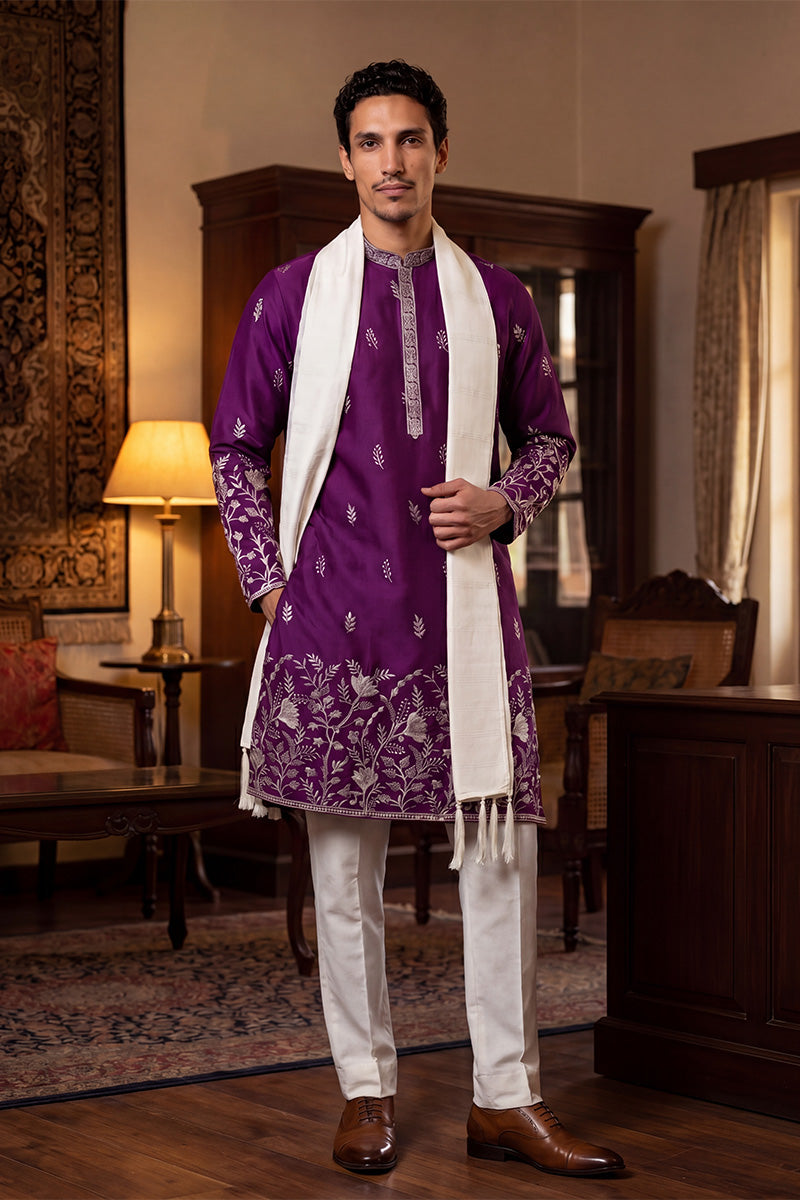 Purple Silk Blend Solid Embroidered Straight Kurta Trouser with Dupatta MKPD1944