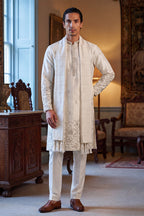 White Silk Blend Floral Embroidered Straight Kurta with Dupatta MKUD1784