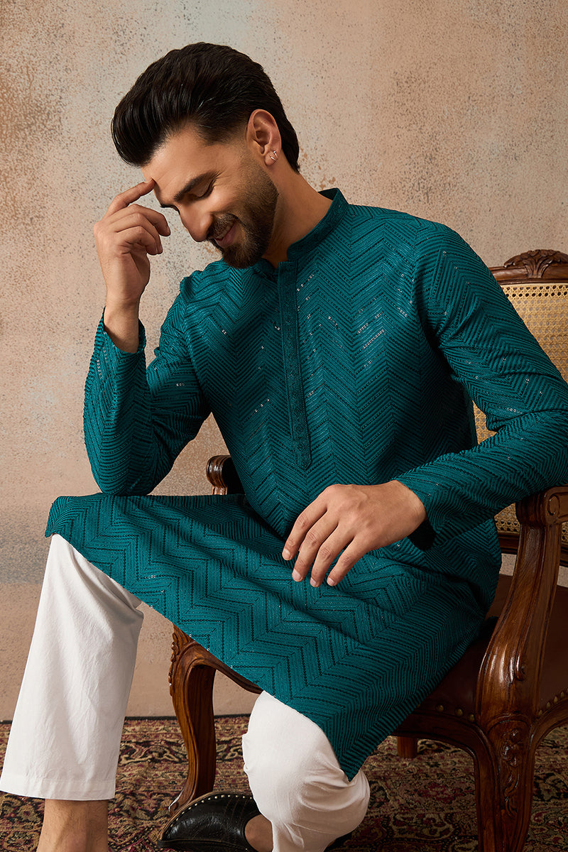 Turquoise Blue Rayon Embroidered Solid Straight Kurta MKU2184