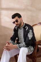Black Silk Blend Embroidered Mandarin Collar Straight Kurta With Trouser MKSET2019