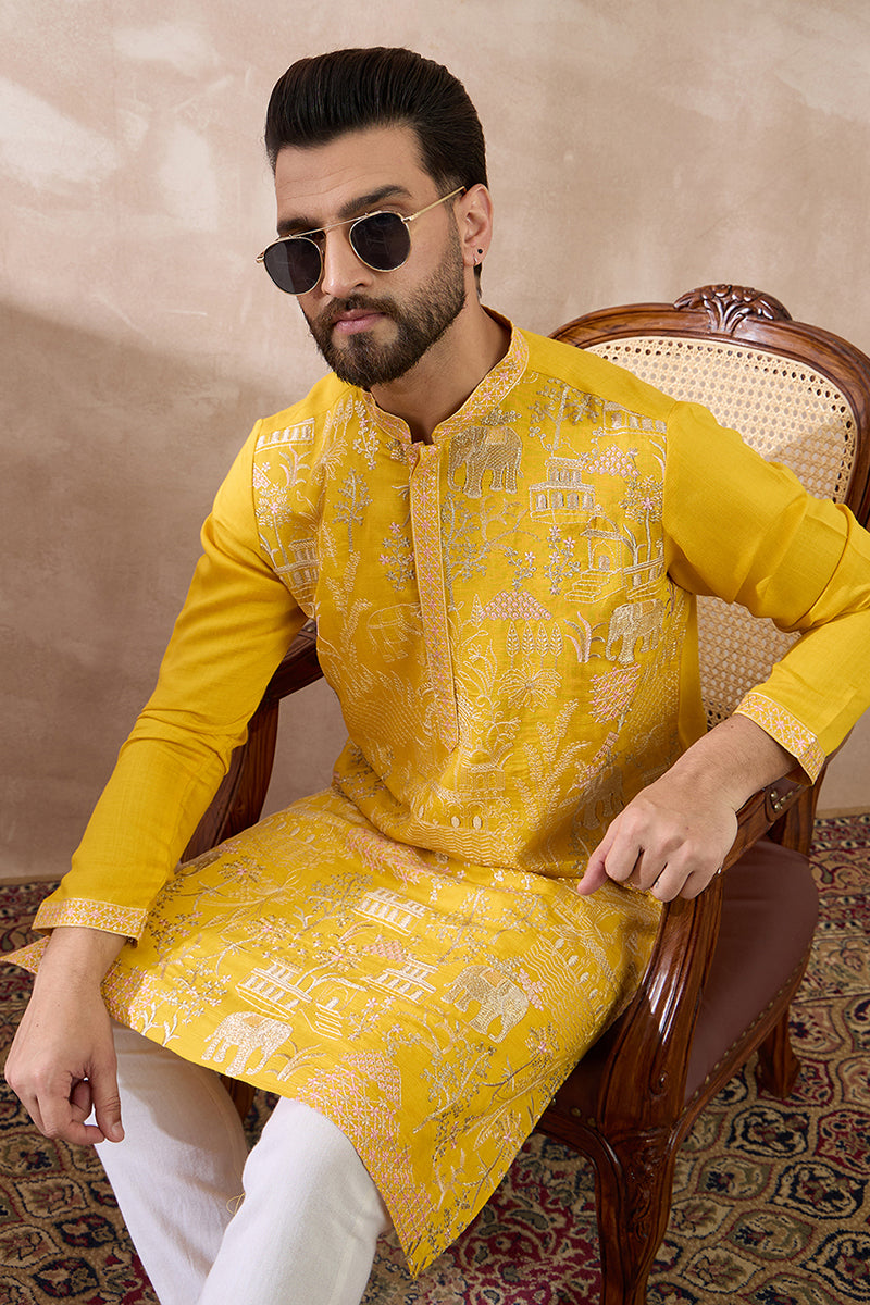 Yellow Silk Blend Embroidered Mandarin Collar Straight Kurta MKU2053