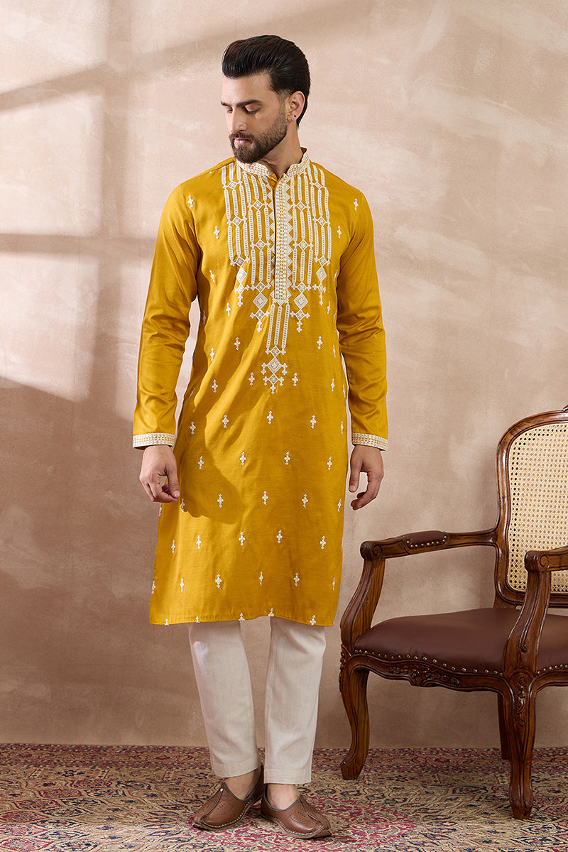 Yellow Silk Blend Embroidered Mandarin Collar Straight Kurta MKU1786
