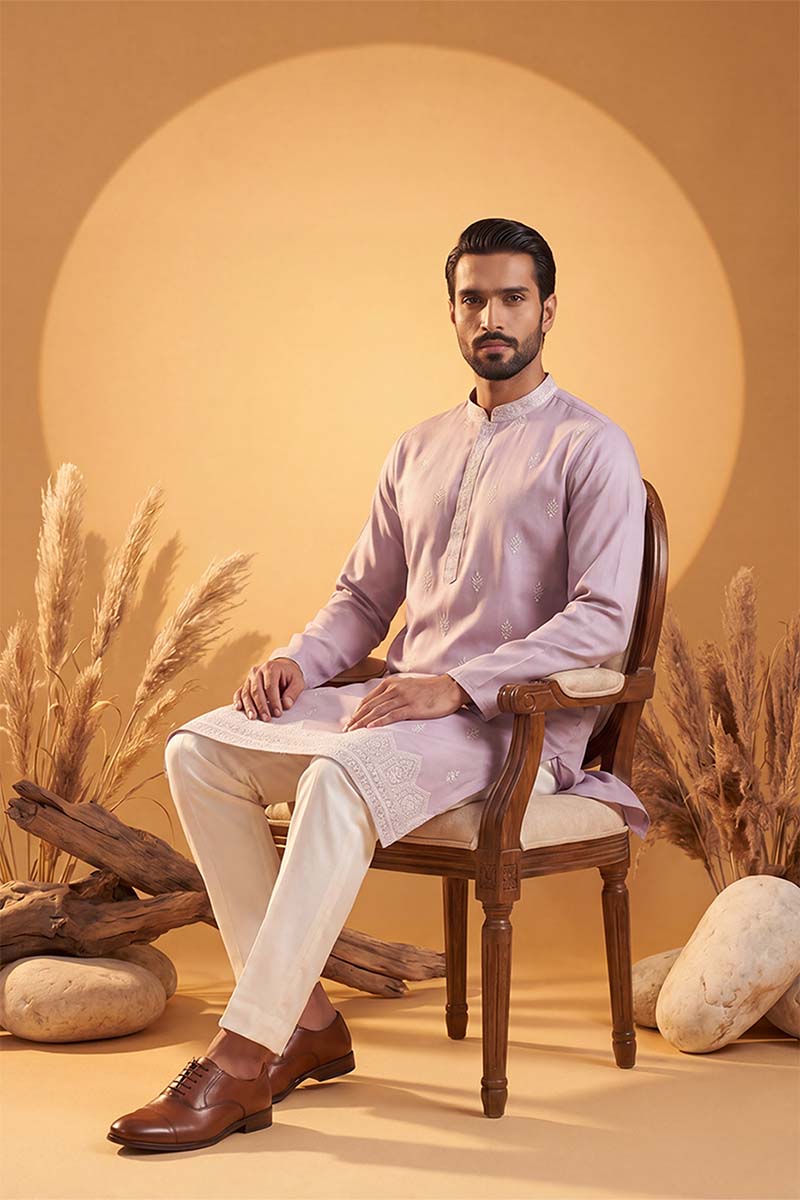 Lavender Silk Blend Solid Embroidered Kurta With Trousers MKSET2269