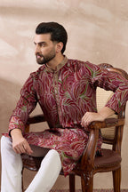 Red Silk Blend Printed Mandarin Collar Straight Kurta With Trouser MKSET1959