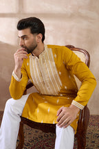 Yellow Silk Blend Embroidered Mandarin Collar Straight Kurta MKU1794